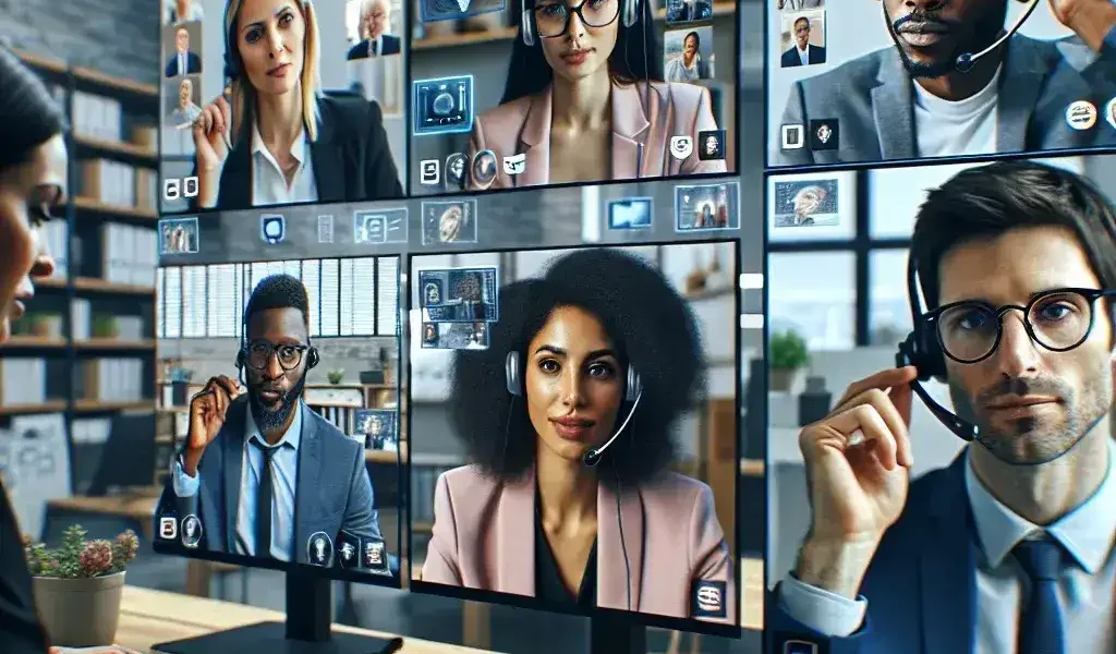 "Filtros de realidad aumentada aplicados en una videollamada profesional, mostrando ejemplos de efectos visuales y personalización en la interfaz de video"