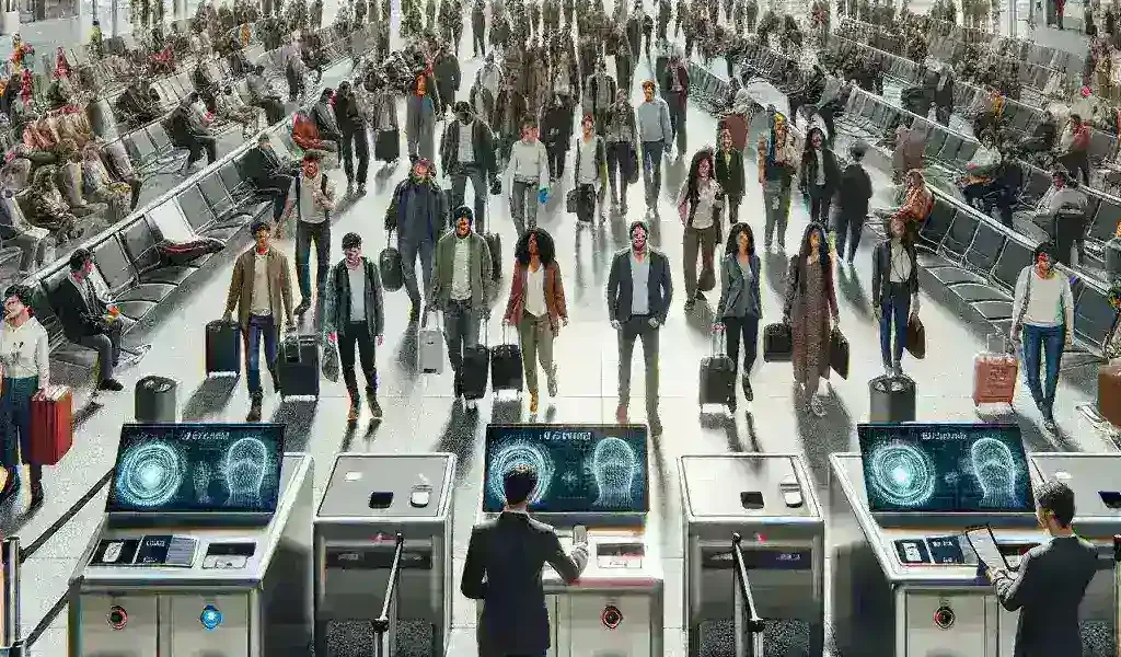 "Panel de embarque biométrico en el aeropuerto de Málaga, donde los pasajeros utilizan tecnología avanzada para un proceso de abordo más rápido y eficiente."