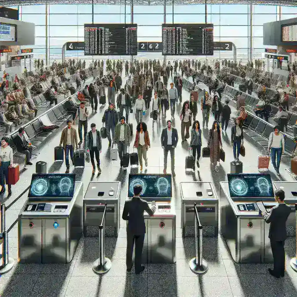 "Panel de embarque biométrico en el aeropuerto de Málaga, donde los pasajeros utilizan tecnología avanzada para un proceso de abordo más rápido y eficiente."
