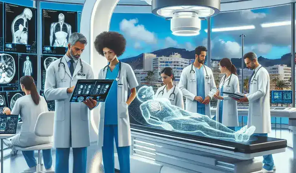 "Radiologist analyzing medical images using AI technology at a Canarian hospital for improved diagnostic accuracy"