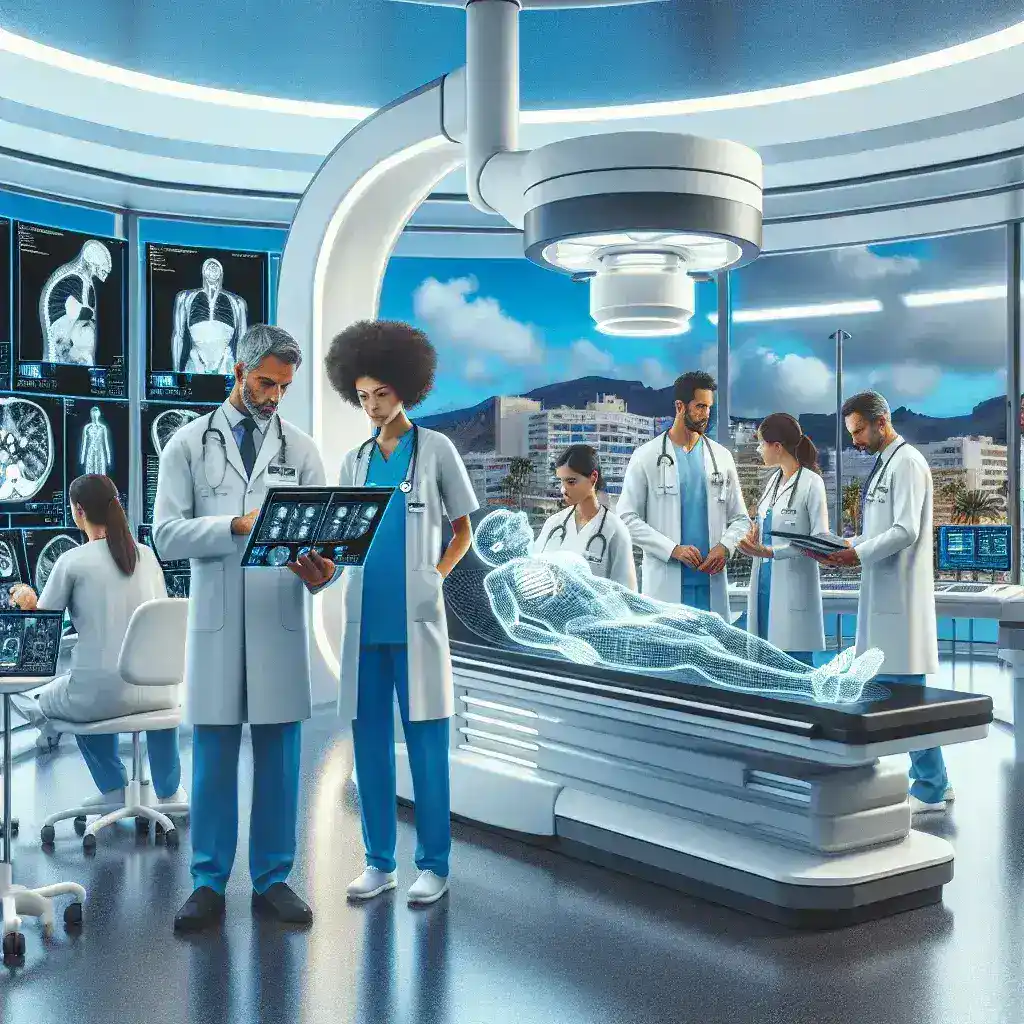 "Radiologist analyzing medical images using AI technology at a Canarian hospital for improved diagnostic accuracy"