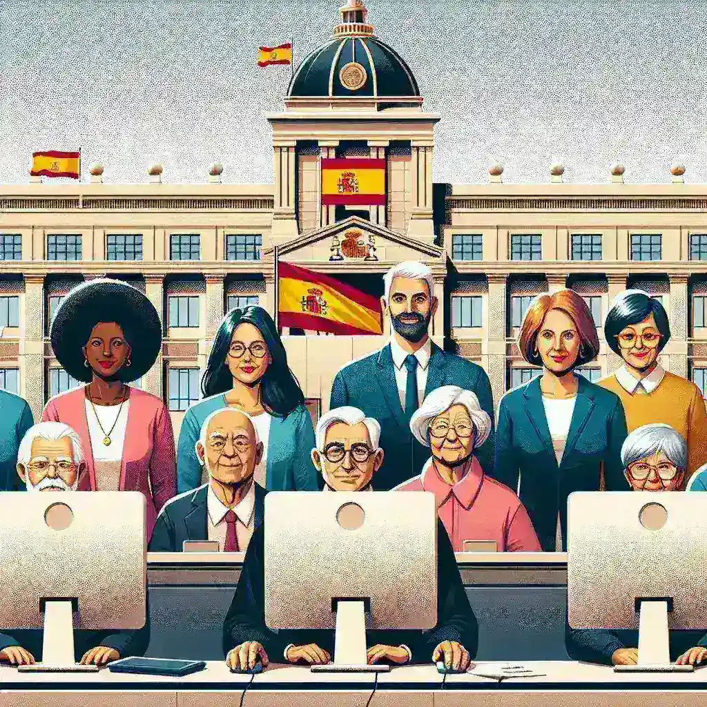 "Personas mayores utilizando computadoras en un taller de alfabetización digital en España, resaltando el nuevo plan nacional del Gobierno español para promover habilidades digitales entre la tercera edad."